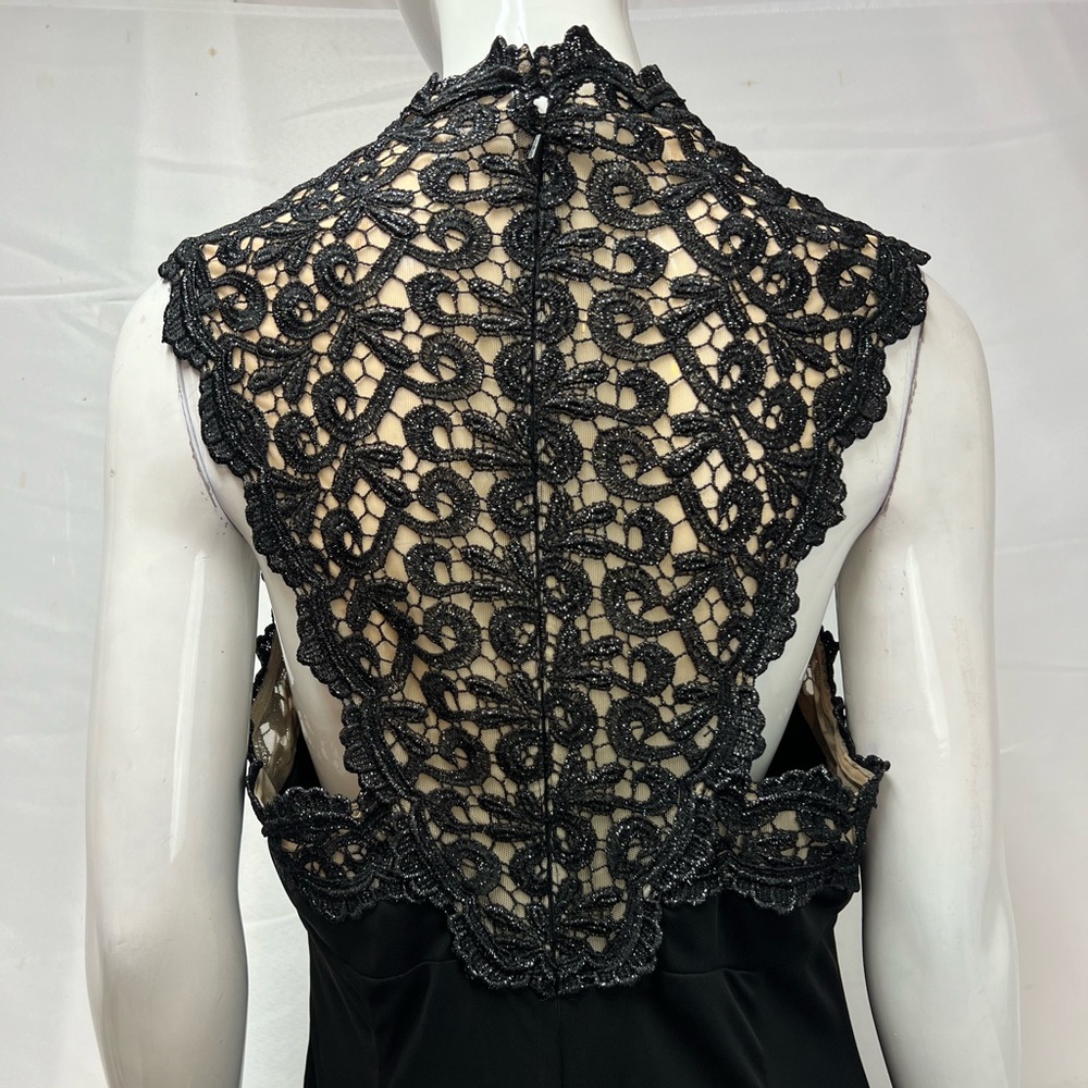 Alex Evenings Women's 16 Black Sleeveless Lace Draped Slit Long Gown Maxi Dress - Picture 3 of 6